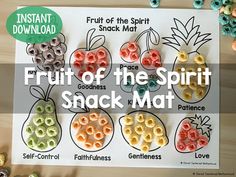 the fruit of the spirit snack mat is shown with cereals and pretzels