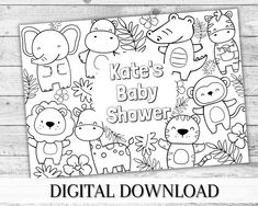 the safari party coloring page is shown on a wooden background with text that reads safari party