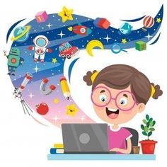 the girl is working on her laptop with space and rockets in the sky behind her