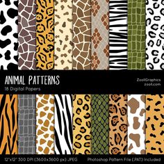 animal patterns digital papers with different colors and sizes, including giraffes, zebra print