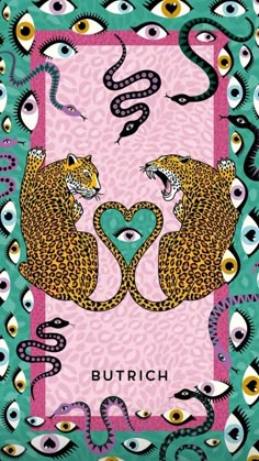 two leopards with their heads in the shape of a heart, surrounded by eyes