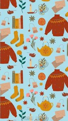 a blue background with orange and brown items on it, including boots, sweaters, mugs, teapot