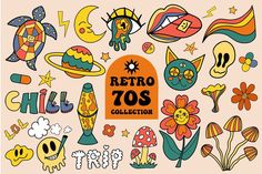 the retro 70's collection is on display in front of a pink background with cartoon characters