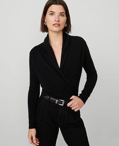 We've updated this cashmere wrap sweater with a refined shawl collar, for a look that's easy, yet pulled together. Crossover V-neck with shawl collar. Long sleeves. Ribbed cuffs and hem.,Hit:24 1/2" long,Imported:Imported,Fit:Softly fitted,Fabrication:100% Cashmere,Garment Care:Dry Clean Only Cashmere Shawl Collar Sweater by Ann Taylor Size regular - 2XS Black Women's 100%, Cashmere, V-Neck, Long, Sleeve, Pullover, Sweaters, 100%, Cashmere, Dry, Clean, Only Best Fall Sweaters Sweater Styling, Cashmere Wrap Sweater, Shawl Collar Sweater, Cashmere Wrap, Cashmere Shawl, Collar Sweater, Wrap Sweater, Fall Sweaters, Shawl Collar