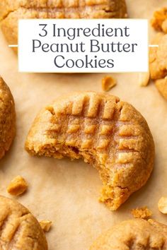 three ingredient peanut butter cookies on parchment paper with the words, 3 ingredient peanut butter cookies