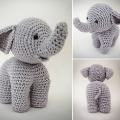 three pictures of an elephant made out of crocheted yarn, one is grey and the other is white