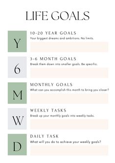 an info sheet with the words life goals written in different font and numbers on it