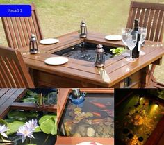 an outdoor table with fish in it and some water lilies on the bottom right