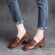 Slip On Pumps, Platform Loafers, Casual Loafers, Heeled Loafers, Spring 2024, Rubber Heels, Retro Stil, Mid Heel, Classic Leather