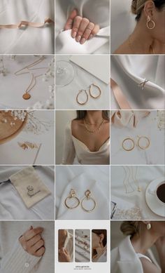 a collage of photos showing different types of necklaces and rings, including earrings