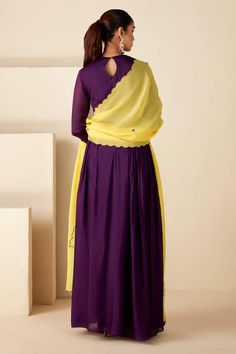 Purple georgette crepe padded anarkali with floral hand embroidered yoke. Comes with a dupatta with buttis and churi buttis detailing. - Aza Fashions Floor-length Georgette Saree With Gota Work, Yellow Georgette Floor-length Churidar, Designer Georgette Churidar With Sheer Dupatta, Floor-length Georgette Kurta With Cutdana, Purple Georgette Salwar Kameez With Straight Kurta, Designer Georgette Anarkali Set With Dupatta, Purple Georgette Kurta For Designer Wear, Georgette Salwar Kameez With Sheer Dupatta, Maxi Length, Yellow Georgette Traditional Maxi Dress