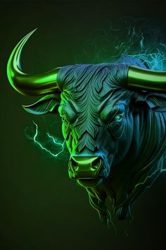 a bull's head with green and blue lighting in the background, on a black background