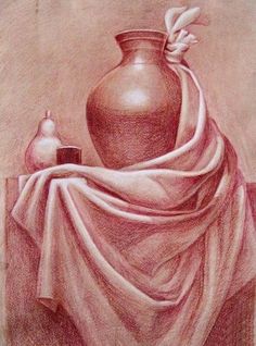 a drawing of a vase with a cloth draped around it