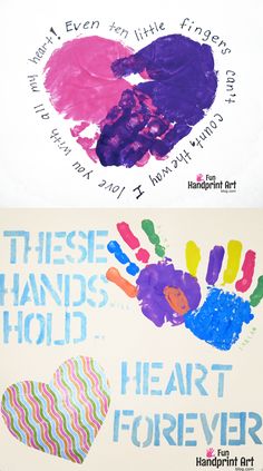 two handprints are shown with the words, these hands hold and heart forever