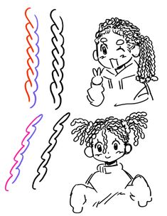 three children's drawings, one with curly hair and the other with dreadlocks