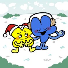 two cartoon characters hugging each other in the snow with santa hats on and one is wearing headphones