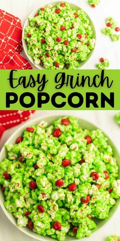 two bowls filled with green and red popcorn on top of a white table next to each other