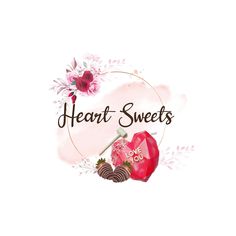 the words heart sweets are surrounded by pink flowers and chocolates on a white background