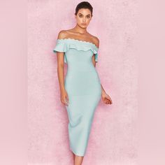 Brand : House Of Cb Style : Amadea Pale Blue Fluted Off Shoulder Dress Color : Pale Blue Size : S New With Tags True To Size, Stretchy Material Measurements Flat P2p 14-19” Waist 11-15” Hips 15-20” Full Length 42” Same Day Shipping Open For Offers Pet / Smoke Free Environment Fitted Light Blue Midi Dress, Elegant Light Blue Bodycon Dress For Night Out, Light Blue Fitted Midi Dress, Light Blue Fitted Knee-length Midi Dress, Fitted Light Blue Midi Dress Knee-length, Light Blue Fitted Maxi Dress For Night Out, Fitted Light Blue Maxi Dress For Night Out, Light Blue Fitted Midi Dress For Spring, Blue Fitted Asymmetrical Midi Dress