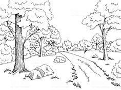 a black and white drawing of a path in the woods