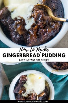 two white bowls filled with brownie bread pudding