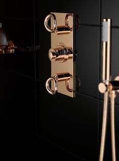 a black and gold bathroom with two shower faucets