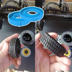 two pictures of wheels and tires being held by someone's hand