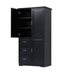 a tall black cabinet with drawers and doors