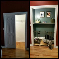 there are two pictures of the inside of a house with dogs in their kennels