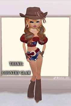 a digital painting of a woman wearing a cowboy hat and shorts with the words theme country glam on it