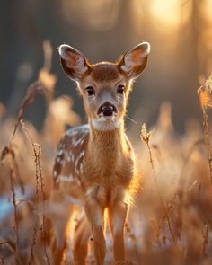 a young deer standing in the middle of tall grass with its eyes closed and ears wide open