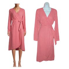 Time And Tru Coral Striped Wrap Dress - Small - 4/6 - Nwt 36" Bust - 24" Sleeves - 28" Waist - Up To 42" Hips - 42" Front & 45" Back Length (Collar To Hem) 65% Polyester/35% Recycled Polyester Pink Tie Waist Dress For Spring, Pink Tie-waist Dress For Spring, Spring Pink Dress With Tie Waist, Lined Long Sleeve Midi Dress For Spring, Long Sleeve Lined Midi Dress For Spring, Striped Spring Dresses With Tie Waist, Spring Striped Dress With Tie Waist, Striped Dresses With Tie Waist For Spring, Striped Dress With Tie Waist For Spring