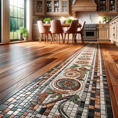 a kitchen with wooden floors and tile flooring in the center, surrounded by dining room furniture