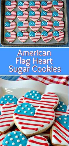 american flag heart sugar cookies with blue and red icing