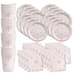 pink snowflake paper plates, cups and napkins for christmas dinnerware sets