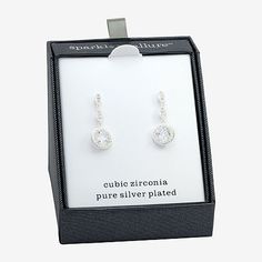 Included: 1 Pair of EarringsFeatures: In A Gift Box, Nickel FreeEarring Back: PostStone Cut: RoundStone Millimeter Measurement: 7 Mm Length, 7 Mm WidthMetal Color: Silver ToneEarring Length: 27mmEarring Width: 11.5mmCare: Wipe CleanStone Type: 14 Cubic ZirconiaEarrings Style: Drop EarringsMetal: Pure Silver Over BrassCountry of Origin: Imported Pure Silver, Cubic Zirconia, Silver Plate, Gift Box, Sparkle, Brass, Drop Earrings, Pure Products, Silver