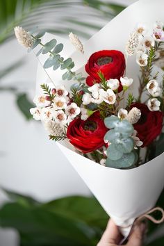 a person holding a bouquet of red and white flowers