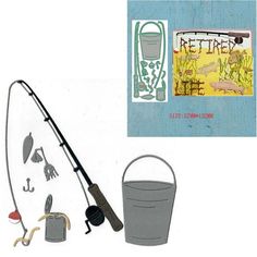 there is a fishing rod, bucket and other items