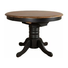 a round wooden table with black legs and an oak top, on a white background