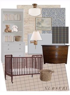 a baby's nursery room is shown in shades of blue, brown and white