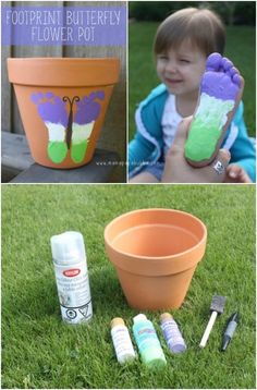 a collage of photos showing how to make flower pots with footprints and paint