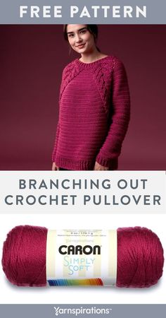 the crochet pullover is shown with text that reads,'free pattern branching out crochet pullover