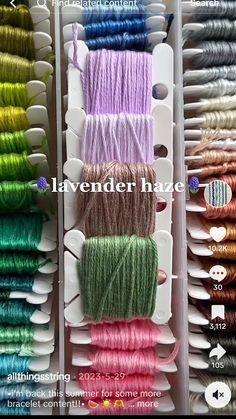 several different colored spools of thread are on display in a box with the words lavender haze above them