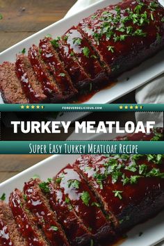 two plates with meatloaf covered in ketchup and garnished with parsley