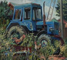 an oil painting of a blue tractor with chickens