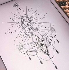 a drawing of a woman with flowers and butterflies on her body is shown in black ink