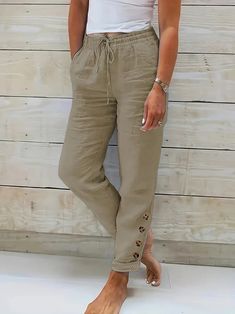 Solid Drawstring Waist Cotton Pants Casual Slant Pocket Slim - Temu Fitted Linen Pants, Linen Culottes, Summer Linen Pants, Chic Pants, Lace Pants, Wide Leg Linen Pants, Linen Trousers, Casual Coat