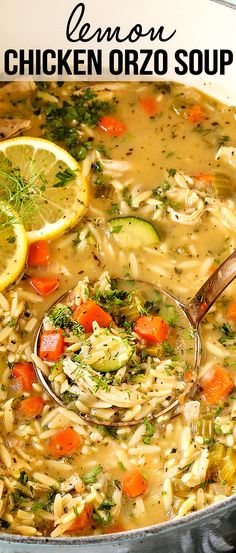 chicken orzo soup in a pot with lemons and parsley