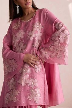 Rose pink silk kurta with floral and beaded embroidery. Comes with sharara and a cotton slip. - Aza Fashions Pink Anarkali Salwar Kameez Hand Embellished, Anarkali Hand Embellished Pink Salwar Kameez, Traditional Pink Hand Embellished Salwar Kameez, Pink Hand Embellished Sharara For Eid, Festival Hand Embellished Organza Sharara, Elegant Hand Embellished Pink Traditional Wear, Elegant Pink Hand Embellished Traditional Wear, Pink Hand Embellished Organza Anarkali Set, Hand Embellished Organza Sharara For Diwali