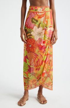 A vibrant floral print underscores the retro inspiration behind this handcrafted sarong done in a true wrap style with a drapey fit. 41" length (size S-M) True wrap style with side tie closure 100% polyester Dry clean Imported Designer Clothing Green Printed Sarong For Spring, Bohemian Floral Print Sarong For Spring, Spring Bohemian Floral Print Sarong, Multicolor Floral Print Sarong For Beach Season, Floral Print Sarong Beachwear, Bohemian Tropical Print Sarong For Spring, Spring Tropical Floral Print Sarong, Spring Floral Print Sarong For Beach Cover-up, Spring Floral Print Sarong For Beach